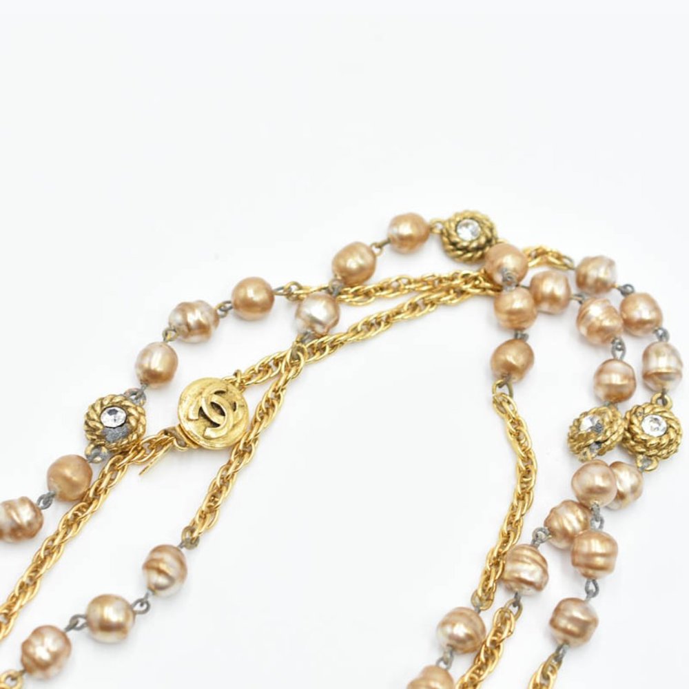 CHANEL CC Pearl & Diamond Extra Long Vintage Necklace 1980s w/Box - Picture 6 of 15